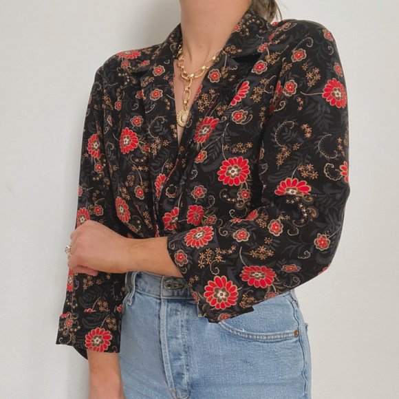 Retro Black & Red Floral Blouse - Picture 5 of 8